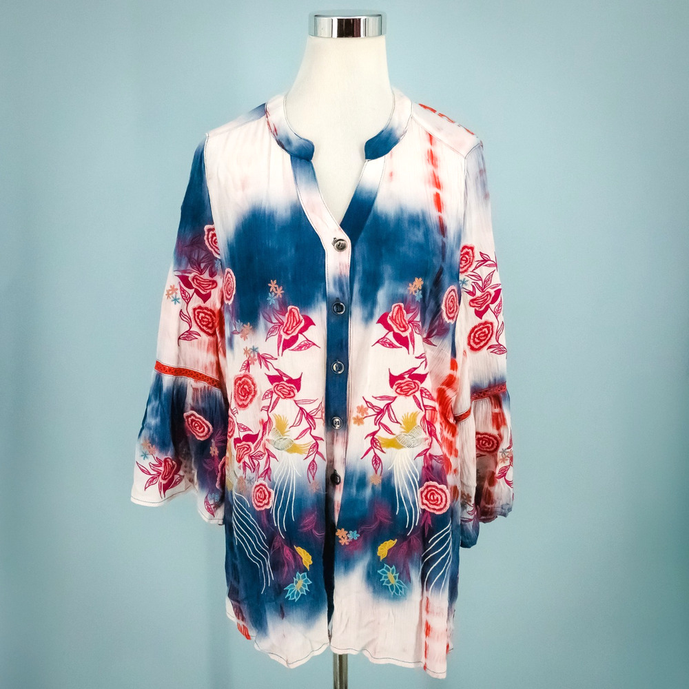 Calessa Size Large L Tie Dye Floral Paisley Embroidered Print Button Tunic Top